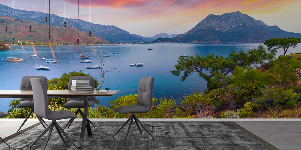 Dağlarla Çevrili Koy ve Gün Batımı Manzaralı Duvar Kağıdı 11531