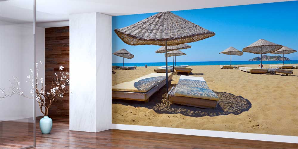 Hasır Şemsiyeli Kumsal Manzarası Duvar Kağıdı 11541