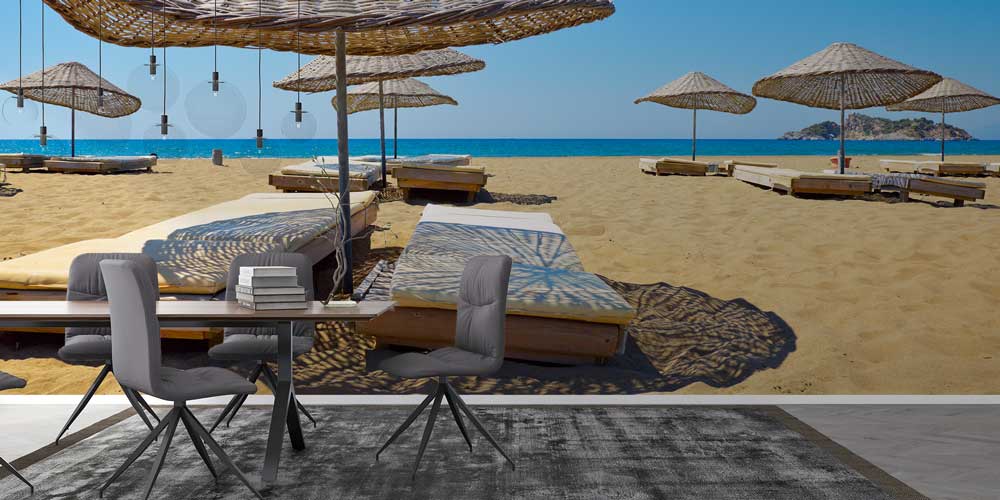 Hasır Şemsiyeli Kumsal Manzarası Duvar Kağıdı 11541