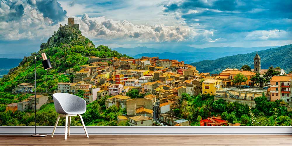 wallpaper-wall-art-13065-00 Tarihi Kale ve Dağ Yamacındaki Avrupa Kasabası Duvar Kağıdı 13065