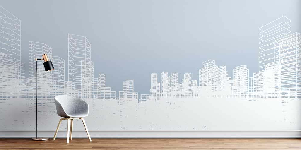 Modern Beyaz Şehir Silüeti Tasarımlı Duvar Kağıdı 5565