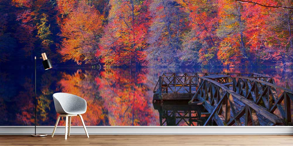 Sonbahar Gölü ve Ahşap İskele Manzaralı Doğa Temalı Duvar Kağıdı ve Duvar Kaplaması 11609