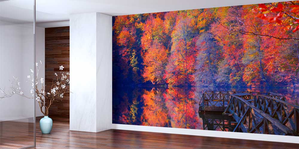 Sonbahar Gölü ve Ahşap İskele Manzaralı Doğa Temalı Duvar Kağıdı ve Duvar Kaplaması 11609