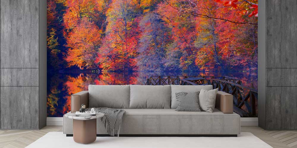 Sonbahar Gölü ve Ahşap İskele Manzaralı Doğa Temalı Duvar Kağıdı ve Duvar Kaplaması 11609