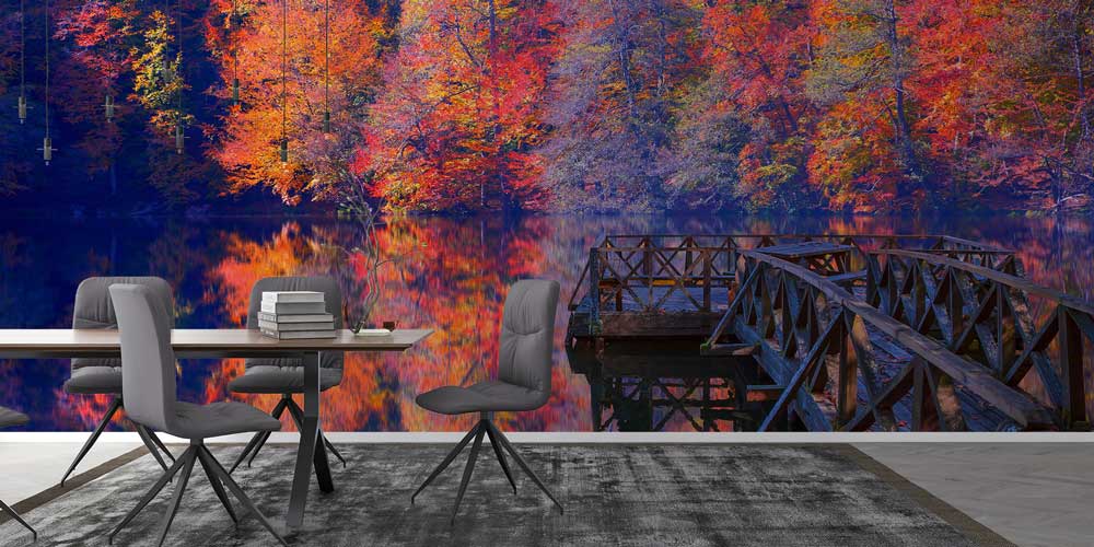 Sonbahar Gölü ve Ahşap İskele Manzaralı Doğa Temalı Duvar Kağıdı ve Duvar Kaplaması 11609
