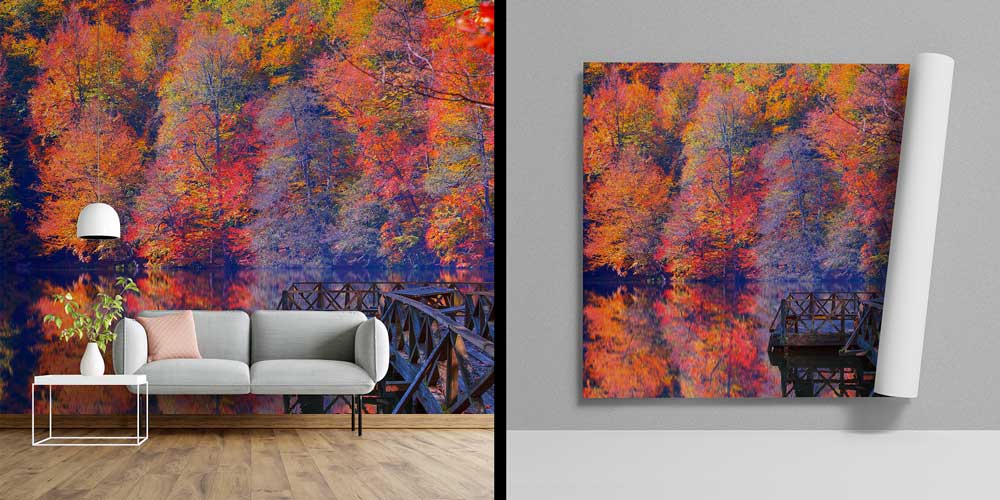 Sonbahar Gölü ve Ahşap İskele Manzaralı Doğa Temalı Duvar Kağıdı ve Duvar Kaplaması 11609