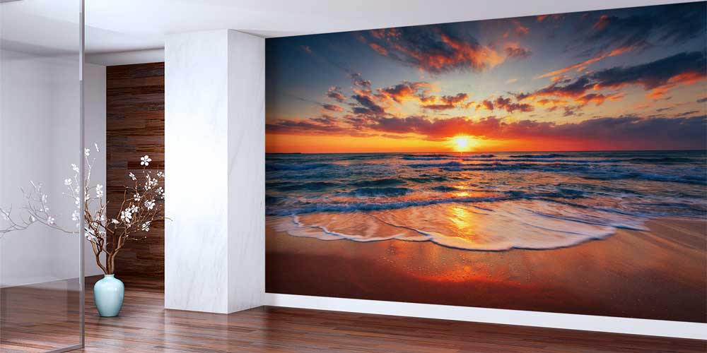 wallpaper-wall-cover-12872-01 Kumsal Dalga ve Güneş Doğumu Sahil Manzarası Duvar Kaplaması 12872