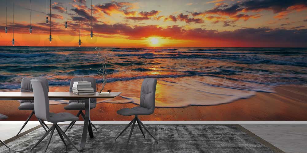 wallpaper-wall-cover-12872-02 Kumsal Dalga ve Güneş Doğumu Sahil Manzarası Duvar Kaplaması 12872