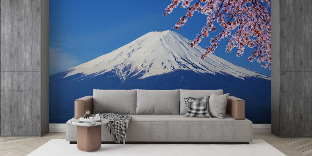 Sakura Çiçekleri ile Fuji Dağı Manzarası Duvar Kaplaması 12876