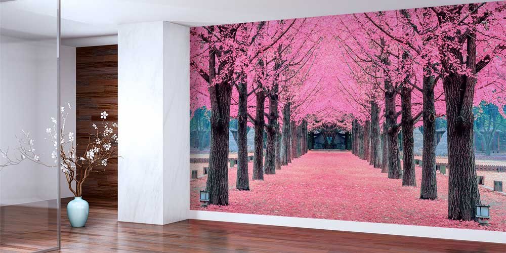 wallpaper-wall-cover-12878-01 Sakura Ağaçları Pembe Çiçek Tüneli Duvar Kaplaması 12878