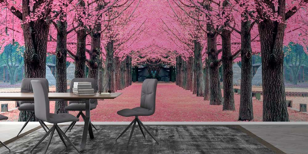 wallpaper-wall-cover-12878-02 Sakura Ağaçları Pembe Çiçek Tüneli Duvar Kaplaması 12878