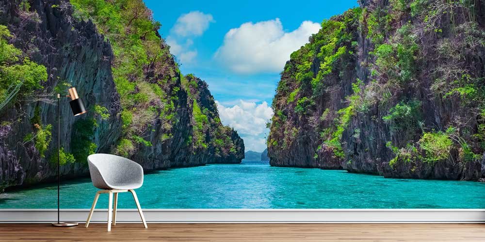 wallpaper-wall-cover-12880-00 Turkuaz Deniz ve Kayalık Kanyon Geçidi Duvar Kaplaması 12880