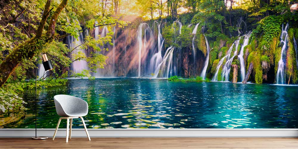 Orman İçinde Şelale ve Turkuaz Göl Manzaralı Duvar Kağıdı 13048