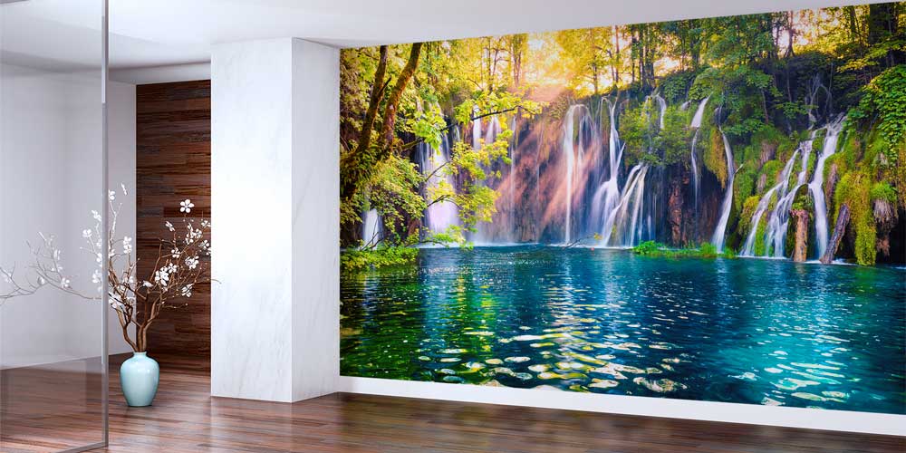 Orman İçinde Şelale ve Turkuaz Göl Manzaralı Duvar Kağıdı 13048