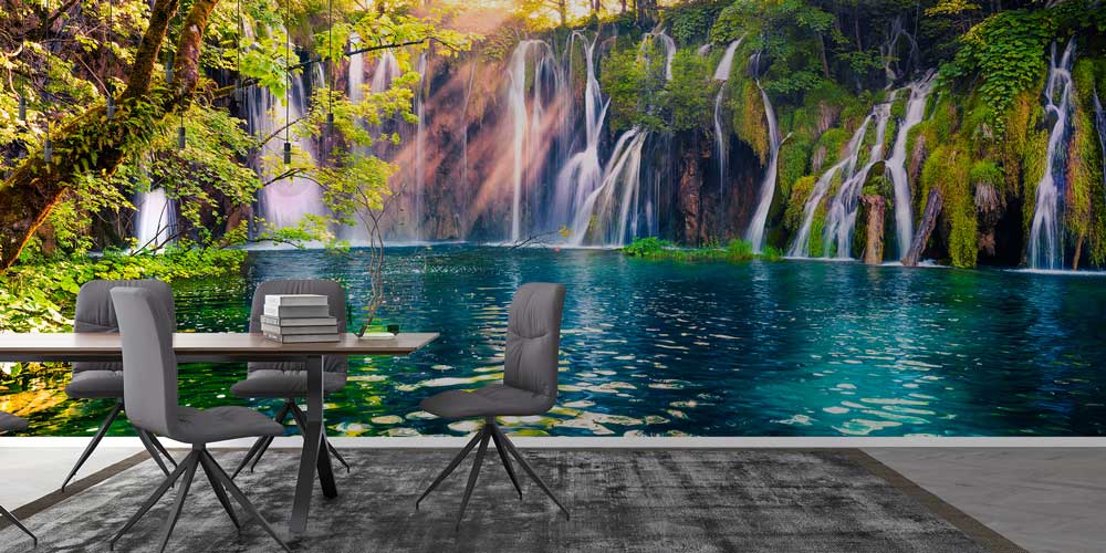 Orman İçinde Şelale ve Turkuaz Göl Manzaralı Duvar Kağıdı 13048