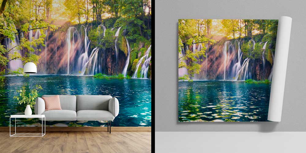 Orman İçinde Şelale ve Turkuaz Göl Manzaralı Duvar Kağıdı 13048