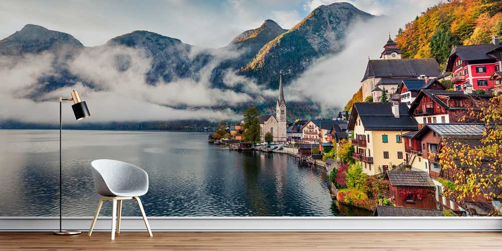 Sisli Dağlar ve Göl Kıyısındaki Avrupa Kasabası Duvar Kağıdı 13049