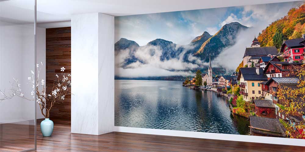 Sisli Dağlar ve Göl Kıyısındaki Avrupa Kasabası Duvar Kağıdı 13049