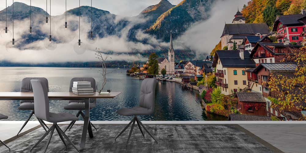 Sisli Dağlar ve Göl Kıyısındaki Avrupa Kasabası Duvar Kağıdı 13049