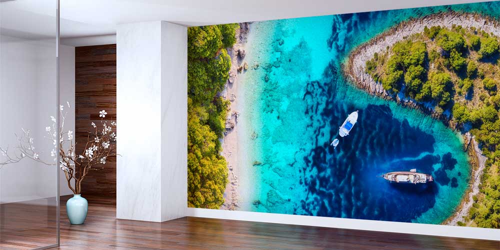 Turkuaz Koy ve Tekneler Üstten Görünüm Duvar Kağıdı 13053