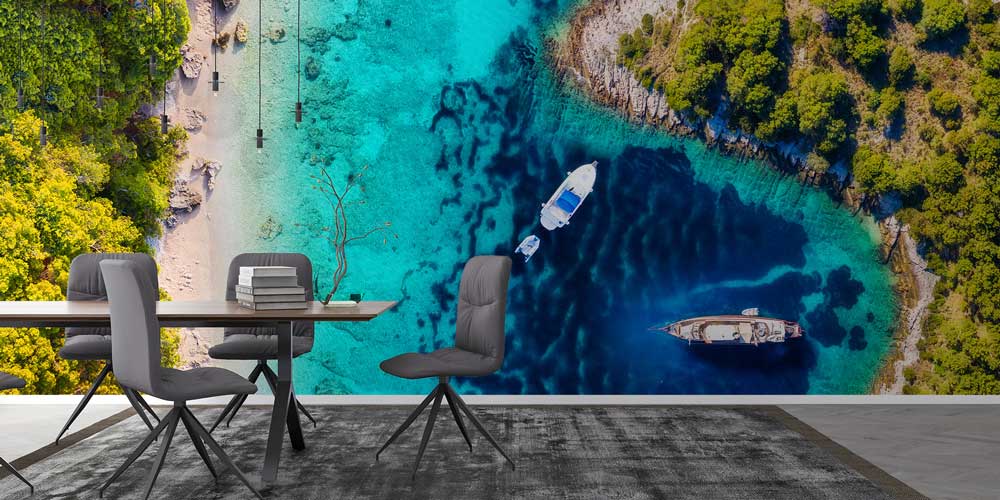 Turkuaz Koy ve Tekneler Üstten Görünüm Duvar Kağıdı 13053