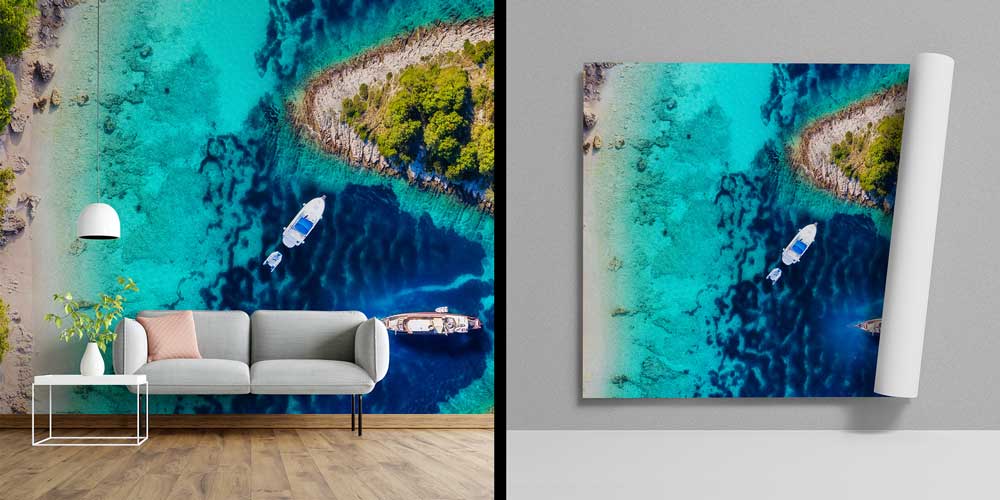 Turkuaz Koy ve Tekneler Üstten Görünüm Duvar Kağıdı 13053