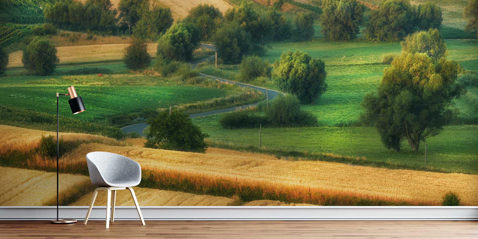 Kırsal Yeşil Tarlalar ve Kıvrımlı Yol Manzarası Duvar Kağıdı 13060
