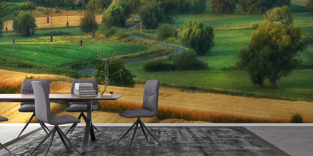 Kırsal Yeşil Tarlalar ve Kıvrımlı Yol Manzarası Duvar Kağıdı 13060