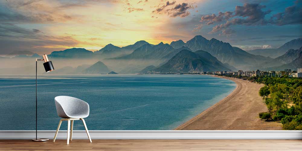 Dağ Silüetli Uzun Sahil ve Deniz Manzaralı Duvar Kağıdı 11533