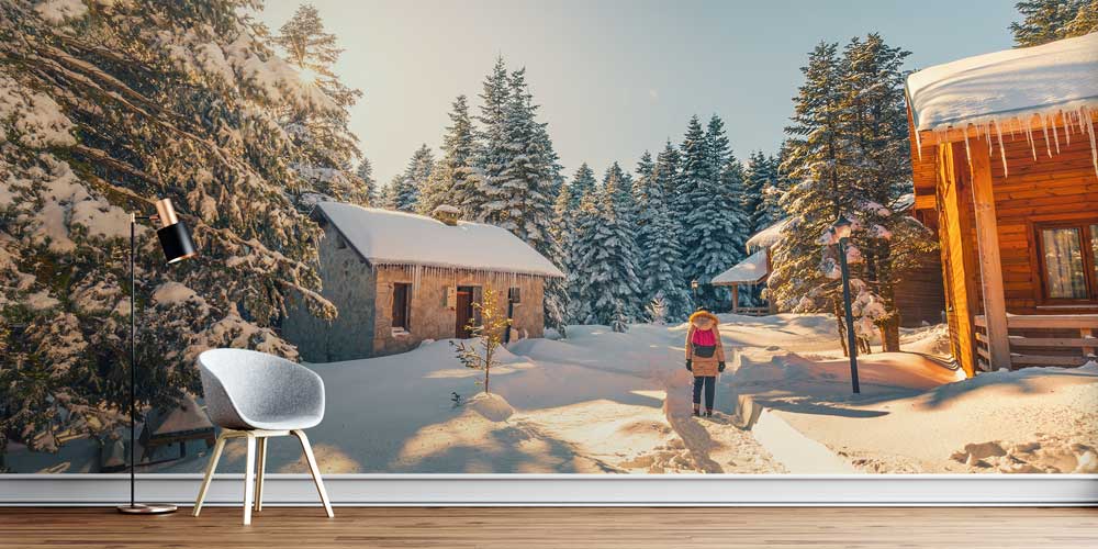 Karlı Orman ve Ahşap Evler Kış Manzarası Duvar Kağıdı 11557