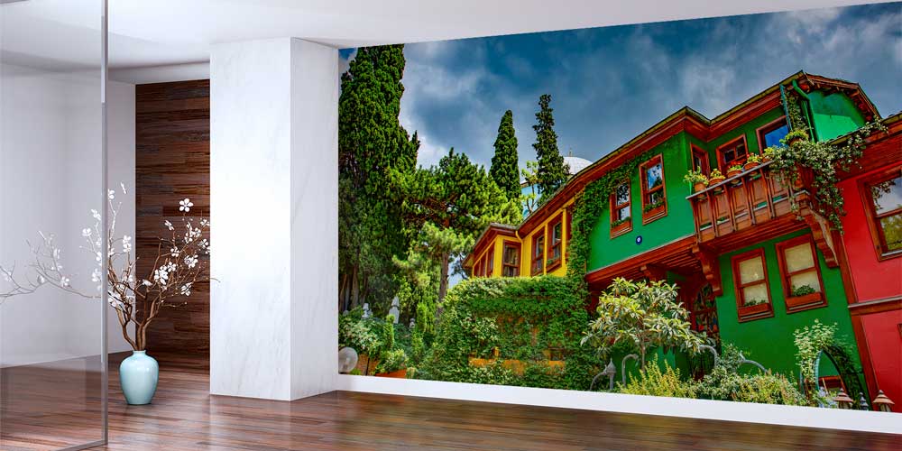 Renkli Ahşap Evler ve Yeşil Doku Duvar Kağıdı 11559