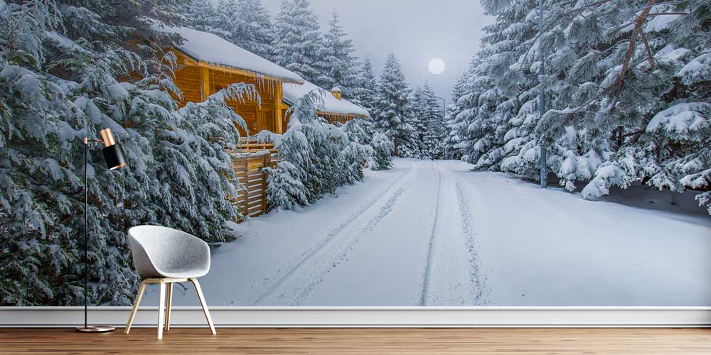 Karlı Orman Yolu ve Ahşap Dağ Evleri Kış Manzarası Duvar Kağıdı 11566
