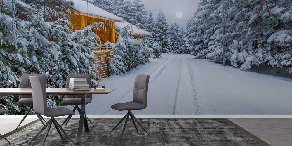 wallpaper-wall-decor-11566-02 Karlı Orman Yolu ve Ahşap Dağ Evleri Kış Manzarası Duvar Kağıdı 11566