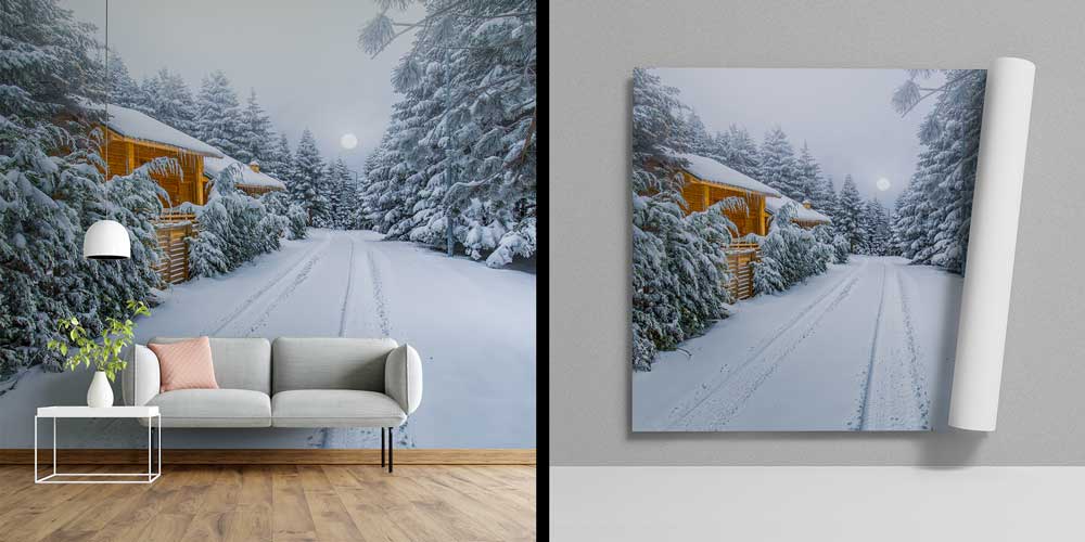 wallpaper-wall-decor-11566-03 Karlı Orman Yolu ve Ahşap Dağ Evleri Kış Manzarası Duvar Kağıdı 11566