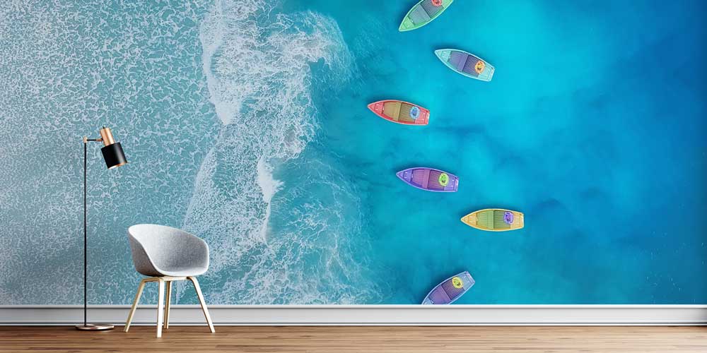 Renkli Tekneler ve Turkuaz Deniz Üstten Görünüm Duvar Kağıdı 11615