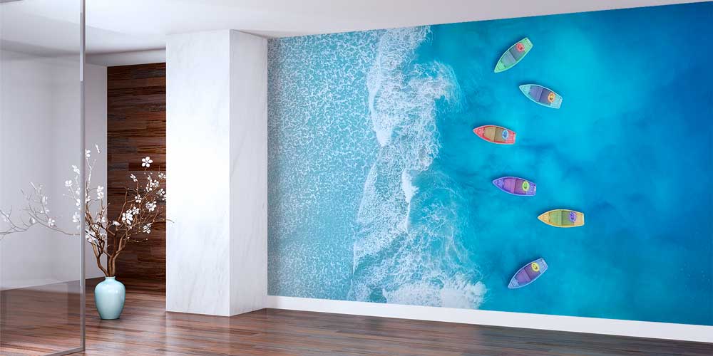 Renkli Tekneler ve Turkuaz Deniz Üstten Görünüm Duvar Kağıdı 11615