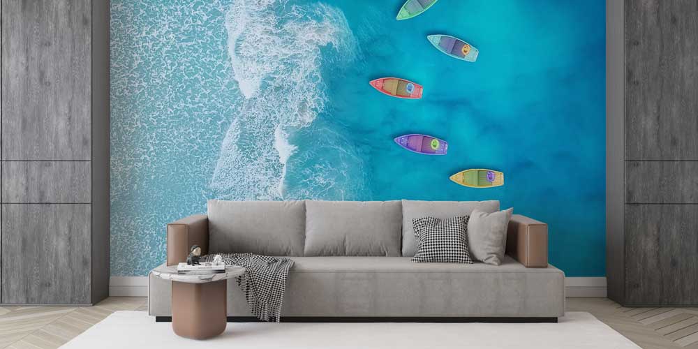 Renkli Tekneler ve Turkuaz Deniz Üstten Görünüm Duvar Kağıdı 11615