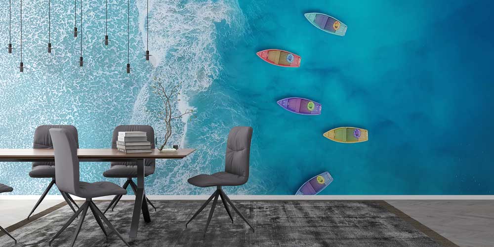 Renkli Tekneler ve Turkuaz Deniz Üstten Görünüm Duvar Kağıdı 11615