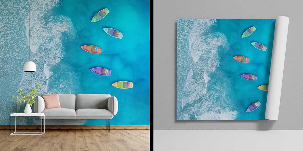 Renkli Tekneler ve Turkuaz Deniz Üstten Görünüm Duvar Kağıdı 11615