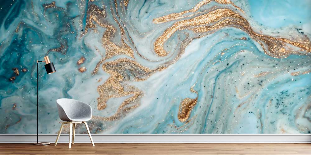 Altın Dokulu Turkuaz Soyut Akışkan Sanat Duvar Kağıdı 11625