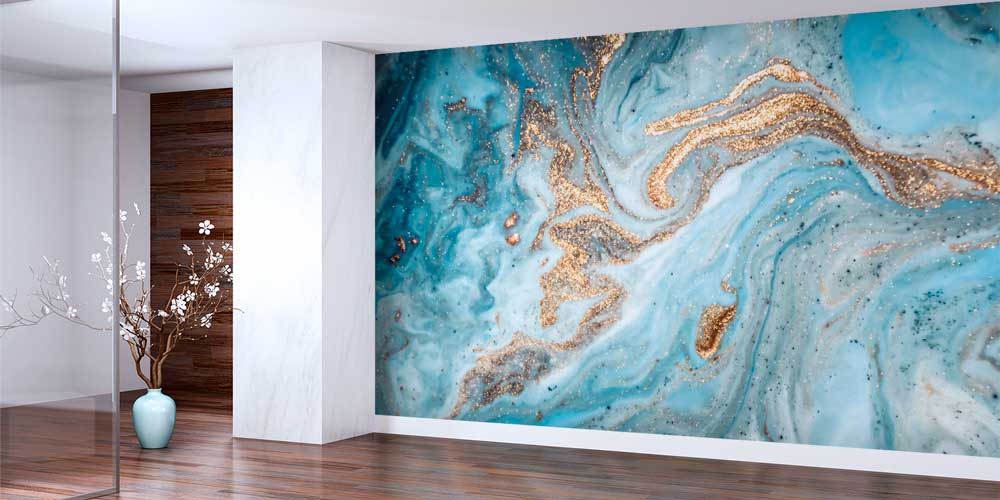 Altın Dokulu Turkuaz Soyut Akışkan Sanat Duvar Kağıdı 11625