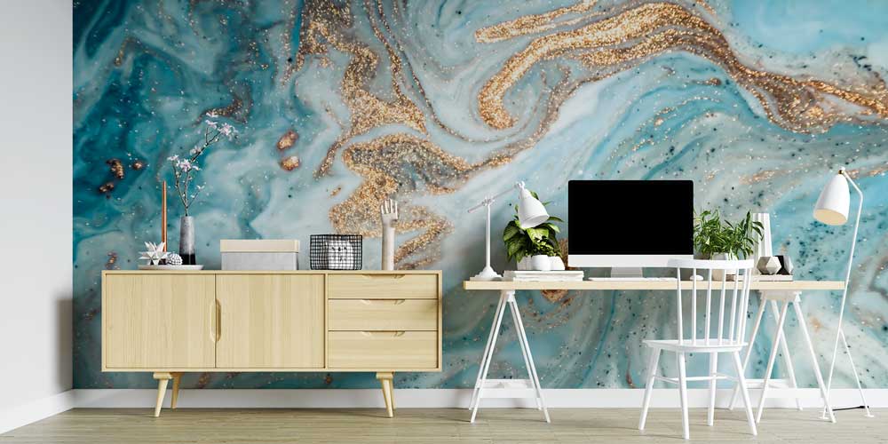 Altın Dokulu Turkuaz Soyut Akışkan Sanat Duvar Kağıdı 11625