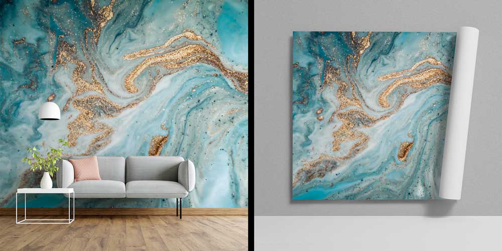 Altın Dokulu Turkuaz Soyut Akışkan Sanat Duvar Kağıdı 11625