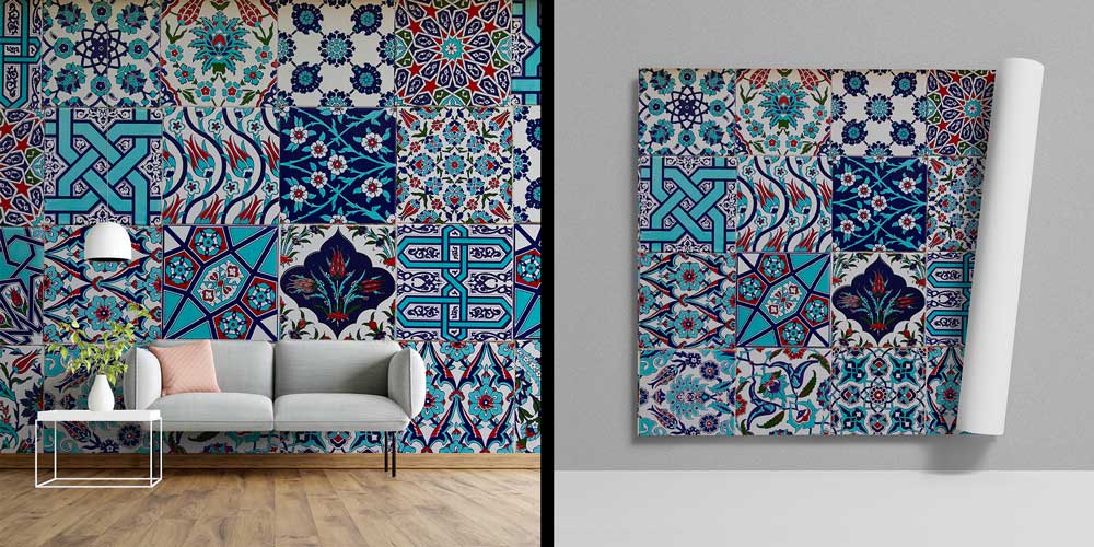 Geleneksel Türk Çini Motifli Karo Desenli Duvar Kağıdı 11633