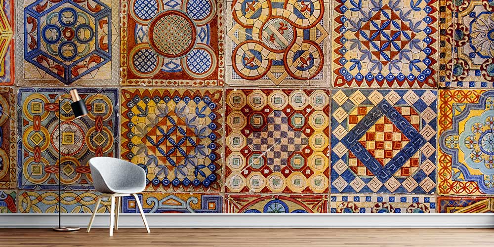 Geleneksel Türk Çini ve Geometrik Motifli Karo Desenli Duvar Kağıdı 11634