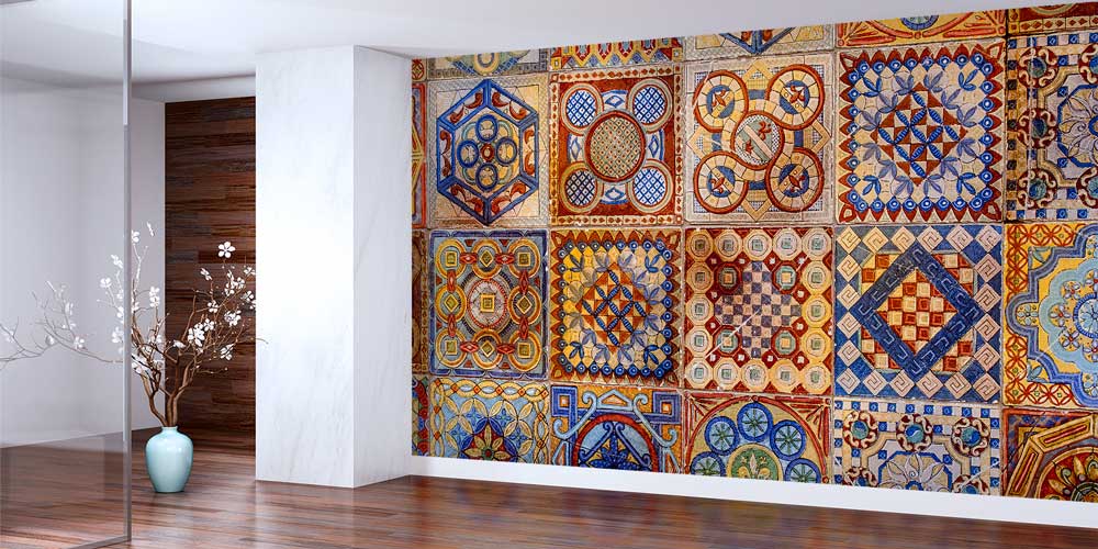 Geleneksel Türk Çini ve Geometrik Motifli Karo Desenli Duvar Kağıdı 11634