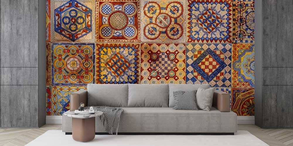 Geleneksel Türk Çini ve Geometrik Motifli Karo Desenli Duvar Kağıdı 11634