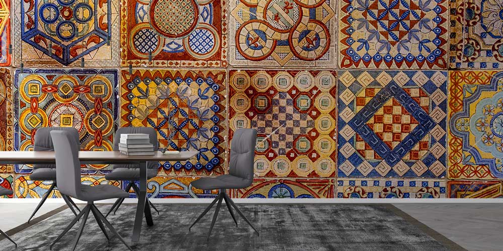 Geleneksel Türk Çini ve Geometrik Motifli Karo Desenli Duvar Kağıdı 11634