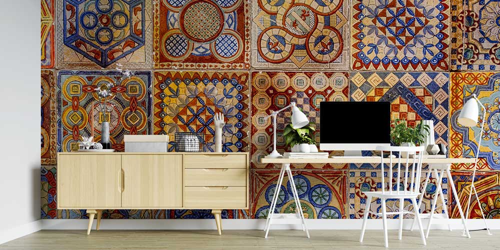 Geleneksel Türk Çini ve Geometrik Motifli Karo Desenli Duvar Kağıdı 11634