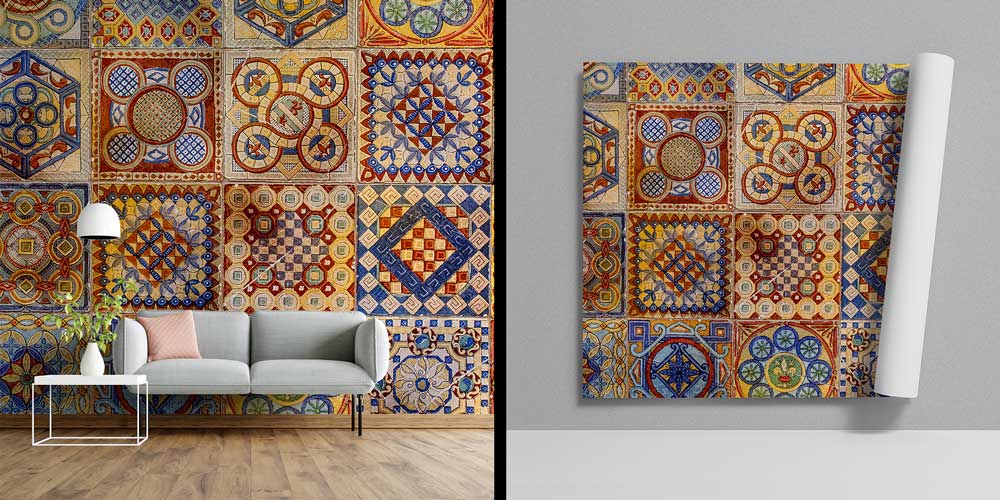 Geleneksel Türk Çini ve Geometrik Motifli Karo Desenli Duvar Kağıdı 11634